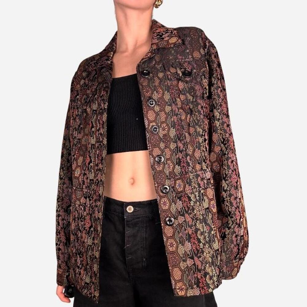 Coldwater Creek jean jacket style silky black botanical boho whimsy - size M